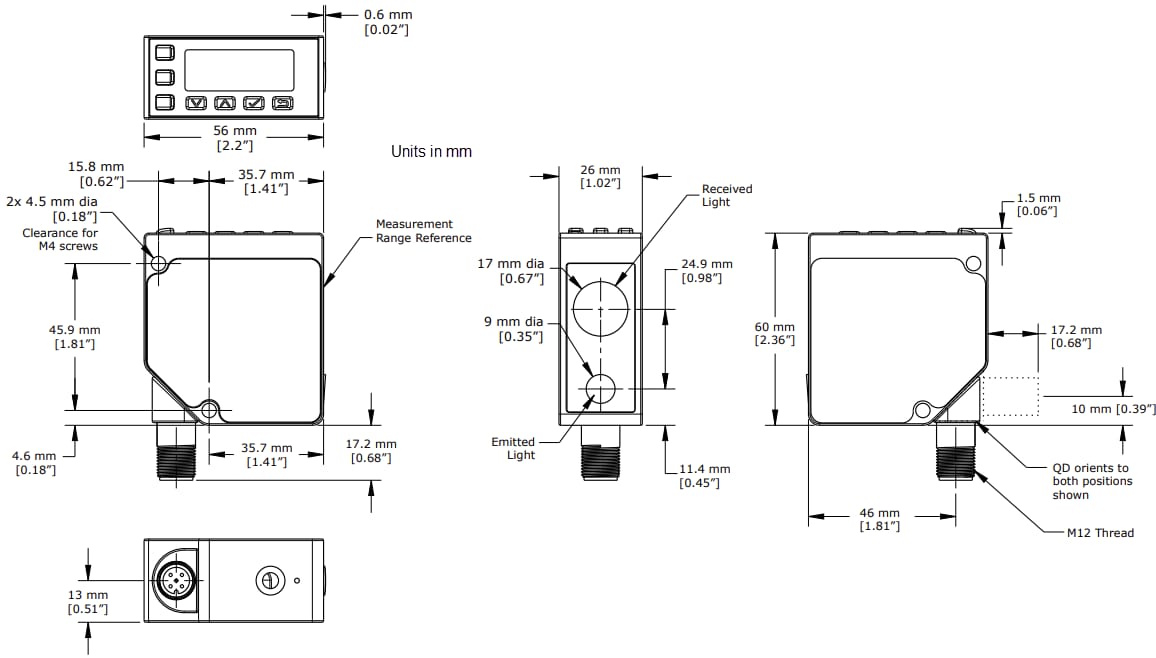 Mechanical Drawing - Banner Engineering L-GAGE® LE250/550 Analog-Discrete Laser Sensors